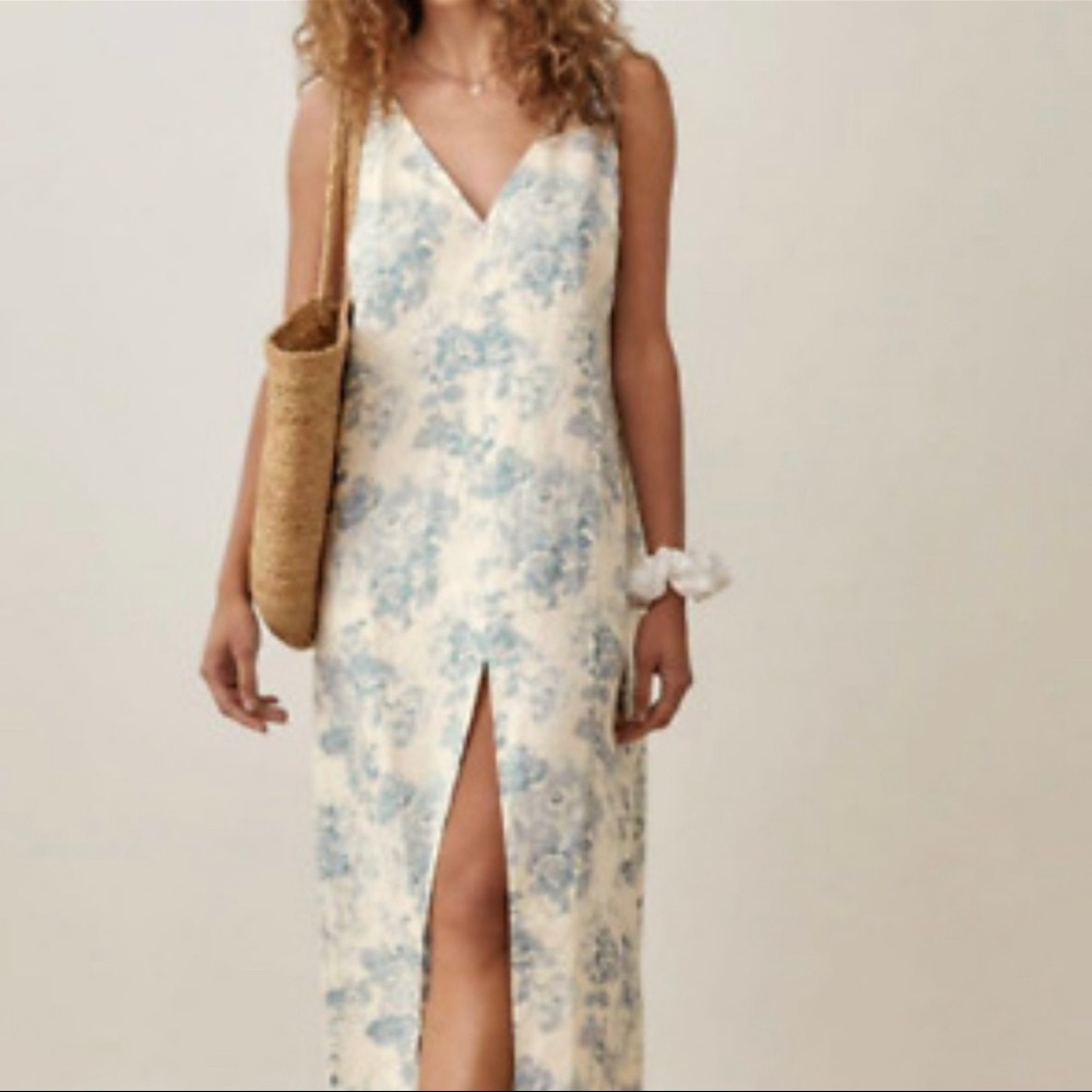 Reformation Cream Floral Slip Dress with Blue Print
